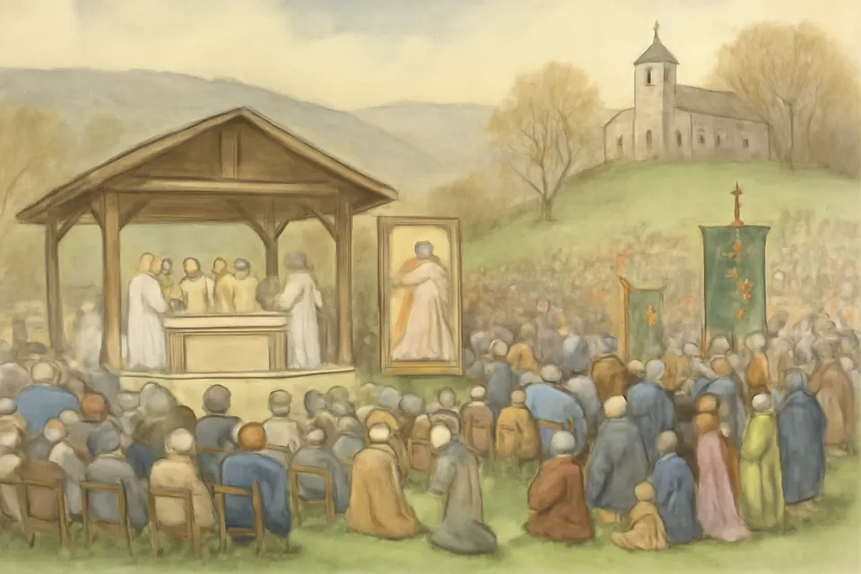 Watercolor-style illustration of thousands of pilgrims gathered on a green hillside for an outdoor Mass before an open-air shrine, with the Divine Mercy image beside the altar