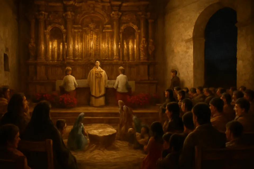 Ilustración de estilo óleo de la Misa de Gallo en una iglesia colonial de América Latina a medianoche, con velas, flores de nochebuena y un nacimiento ante el altar