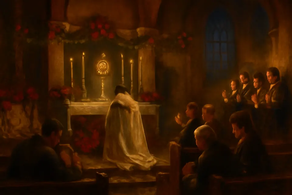 Oil-painting-style illustration of a family kneeling in a candlelit parish church at midnight on New Year's Eve while the priest kneels before the altar and the choir sings
