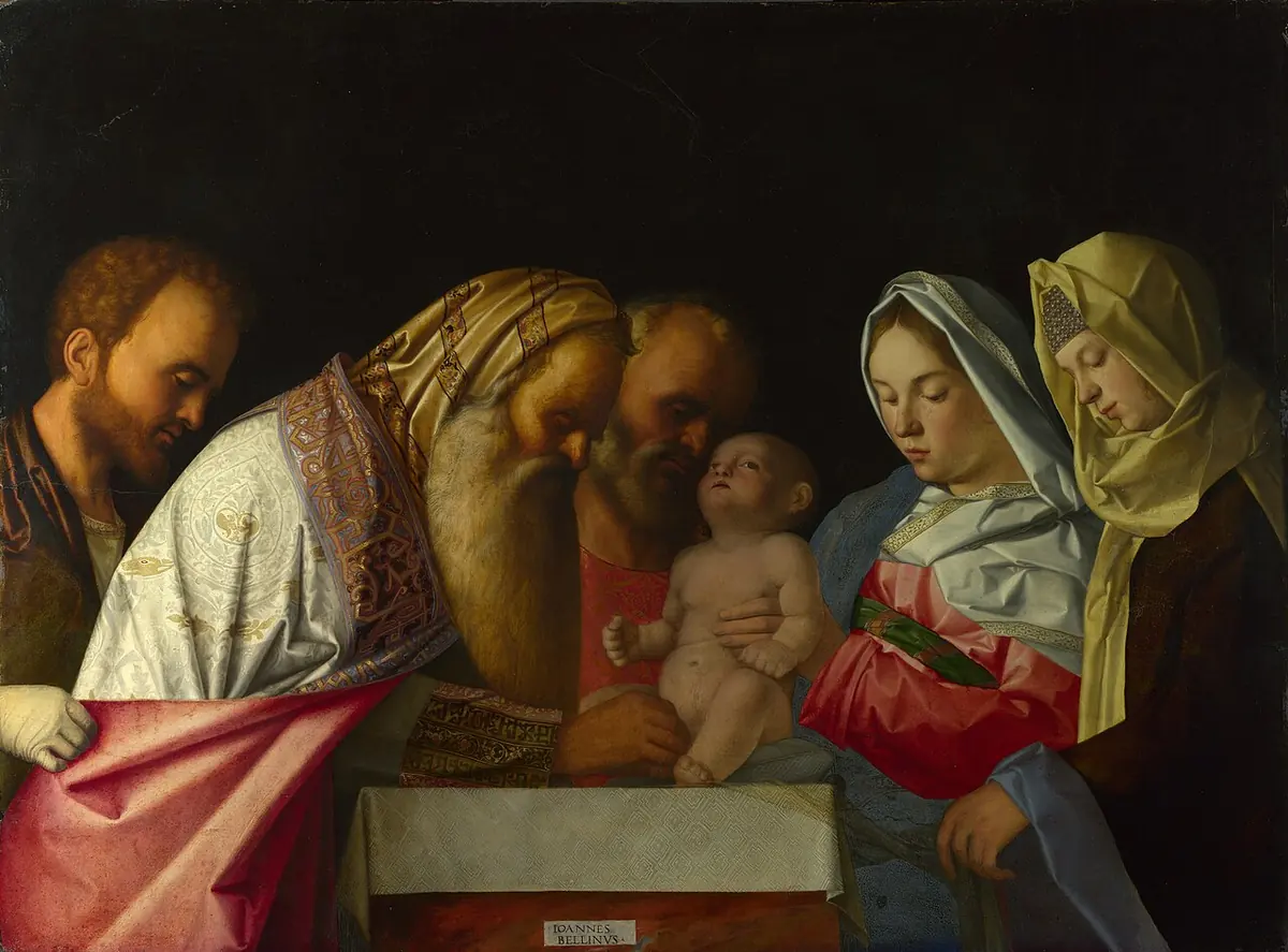 Renaissance painting against a black background of an old bearded priest in rich robes holding the infant Jesus over a stone table, with Mary, Joseph and two other figures close around