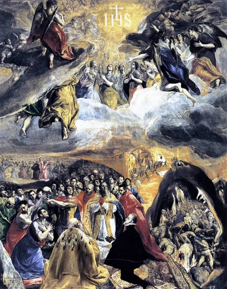 Painting in which angels, saints and kneeling kings and people on earth adore the monogram of the name of Jesus shining in a golden sky, with the jaws of hell open at the lower right