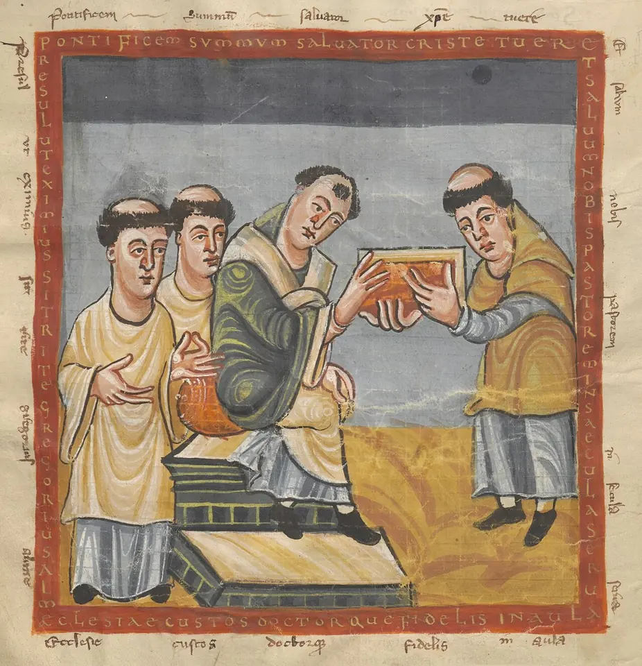 Carolingian manuscript painting of a tonsured monk handing a bound book to a seated pope in a green cloak, with two clerics standing behind the pope inside a red border of Latin verse