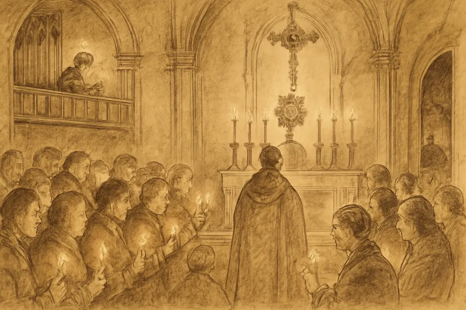Ink-drawing-style illustration of a parish congregation standing with candles and singing the Te Deum before the Blessed Sacrament at midnight on New Year's Eve