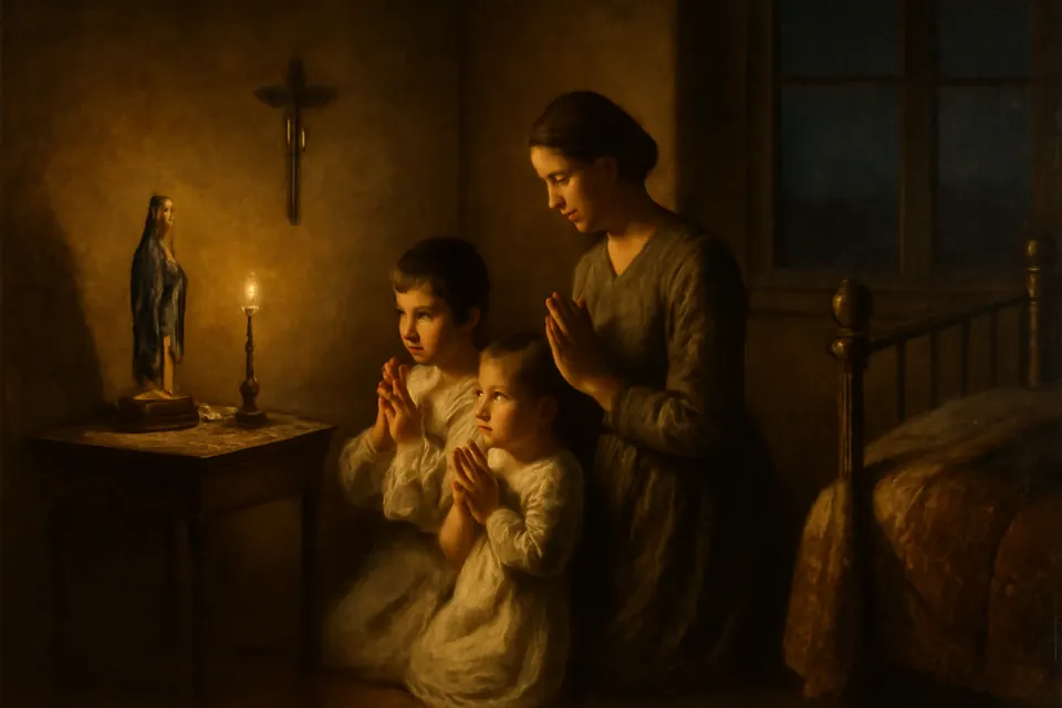 Ilustración en estilo óleo de una madre y dos niños pequeños arrodillados junto a la cama a la luz de una vela, rezando sus oraciones de la noche ante una imagen de la Virgen