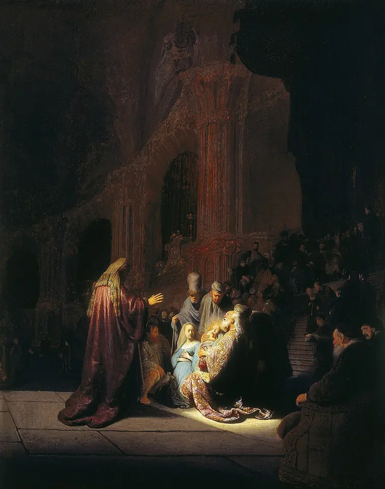 En un templo inmenso y oscuro, un haz de luz cae sobre el anciano Simeón, que sostiene al Niño Jesús mientras María y José se arrodillan a su lado y la profetisa Ana levanta la mano