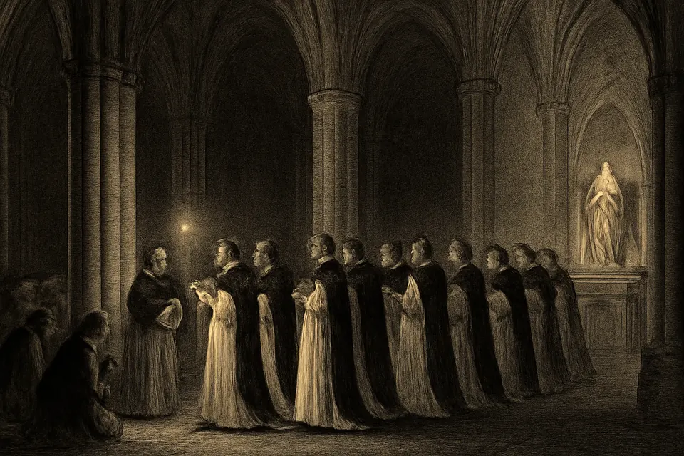 Ilustración en estilo grabado de unos frailes dominicos de hábito blanco que cantan la Salve en procesión al final de las Completas, en una iglesia a oscuras