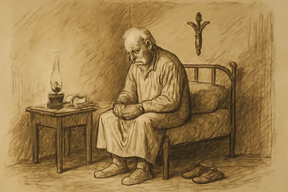 Ilustración en estilo tinta de un anciano sentado de noche al borde de la cama con un rosario, con los ojos cerrados, repasando su día delante de Dios