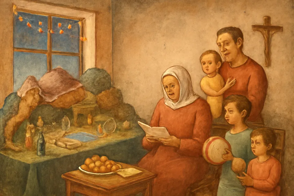 Ilustración en estilo acuarela de una familia colombiana que reza la novena de Navidad en la sala de su casa, alrededor de un gran pesebre casero con luces