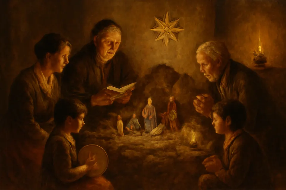 Oil-painting-style illustration of a Colombian family praying the Novena de Aguinaldos around a candlelit nativity crib