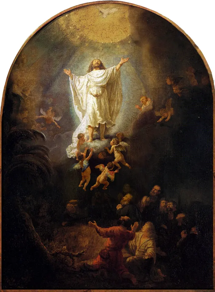 Cristo vestido de blanco sube sobre una nube rodeado de pequeños ángeles, bajo la paloma del Espíritu Santo, mientras los apóstoles lo miran desde el suelo oscuro