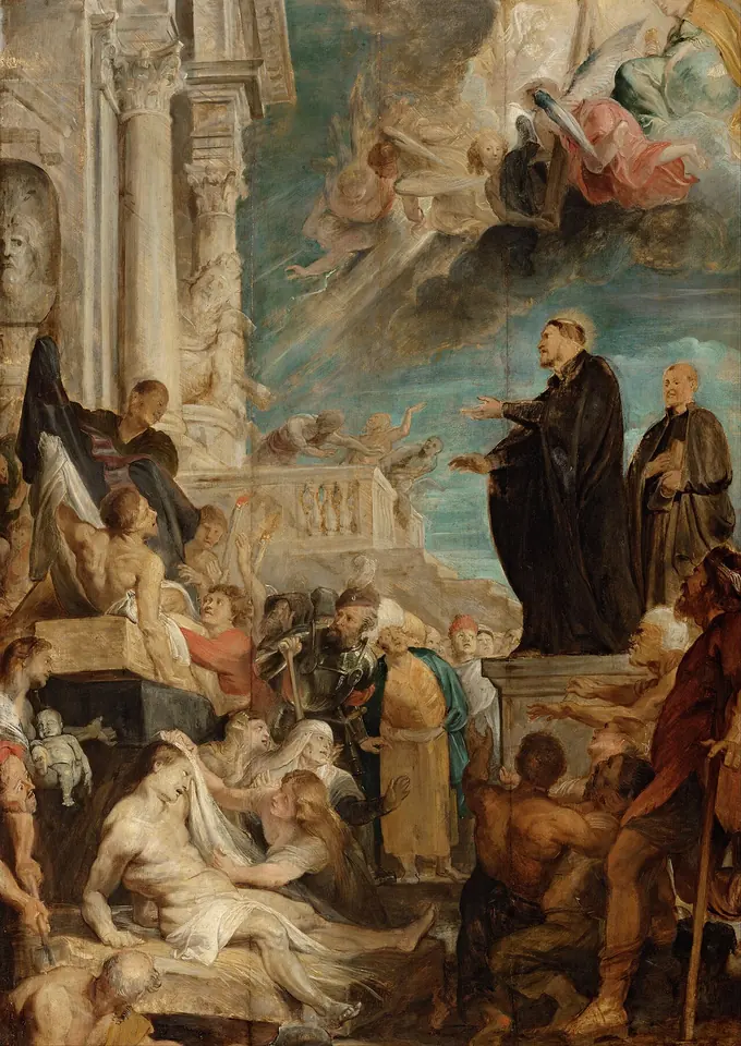 Un misionero jesuita vestido de negro, de pie sobre un escalón, señala hacia el cielo mientras a su alrededor sanan enfermos y resucitan muertos, con ángeles en lo alto