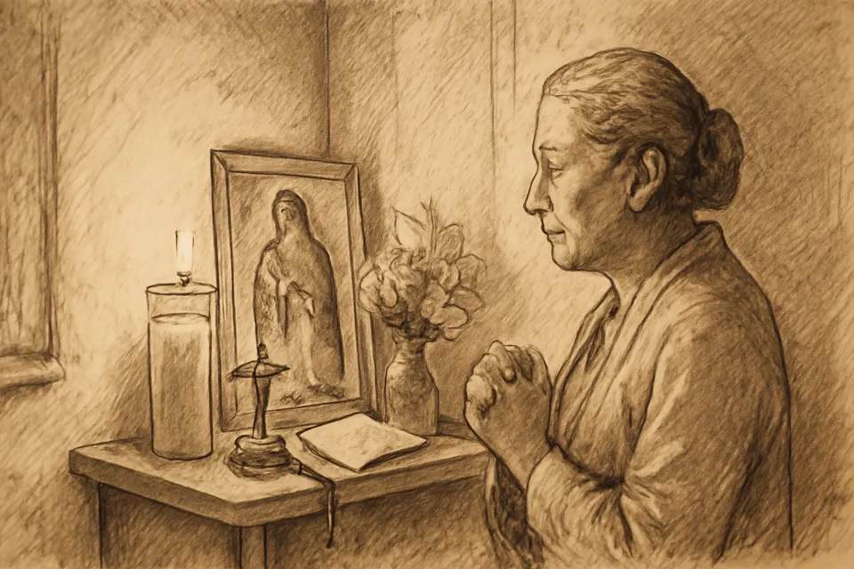 Ilustración en estilo acuarela de una mujer que reza ante un pequeño altar doméstico con una veladora encendida, una imagen de la Virgen, un rosario y un librito de novena