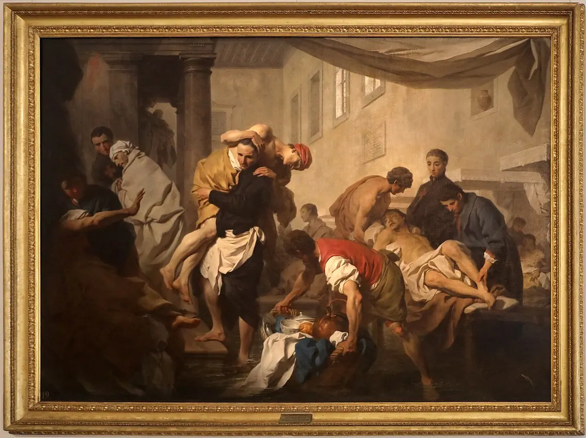 Baroque painting of a hospital ward where men in black carry and lift sick men from their beds as water rises
