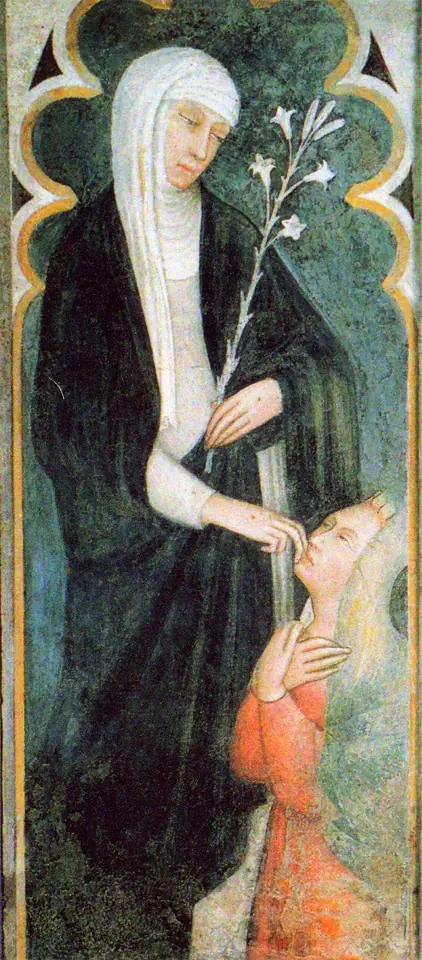 Fresco of St. Catherine standing in a white veil and black mantle, holding a lily, as a kneeling woman kisses her hand