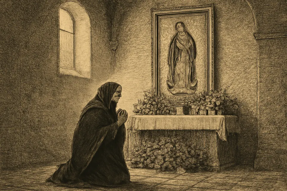 Ilustración al estilo de pintura al óleo de una mujer que reza de rodillas ante una imagen de la Virgen de Guadalupe rodeada de rosas y veladoras en una capilla al amanecer