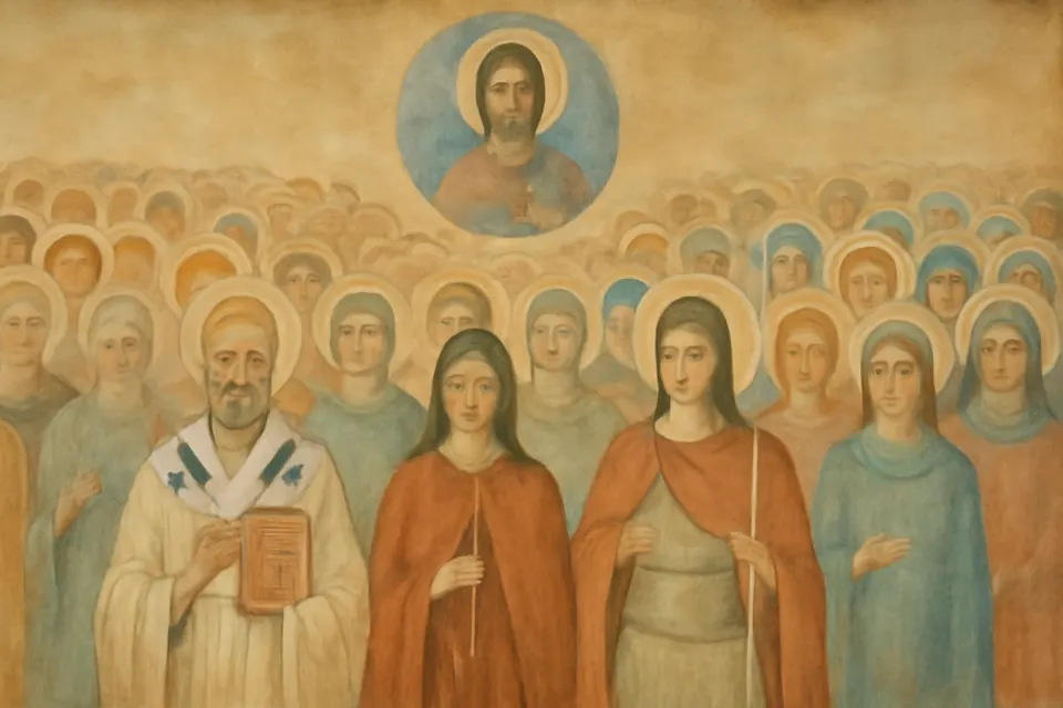 Fresco-style painting of a crowd of saints standing together on a gold ground, among them bishops in white vestments, monks in black, a young woman martyr with a cross and a soldier saint in red