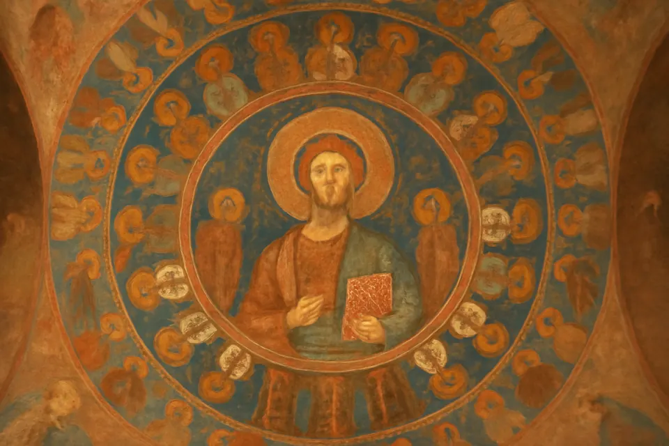 Fresco-style illustration of the inside of a Byzantine church dome, with Christ at the center surrounded by rings of haloed saints
