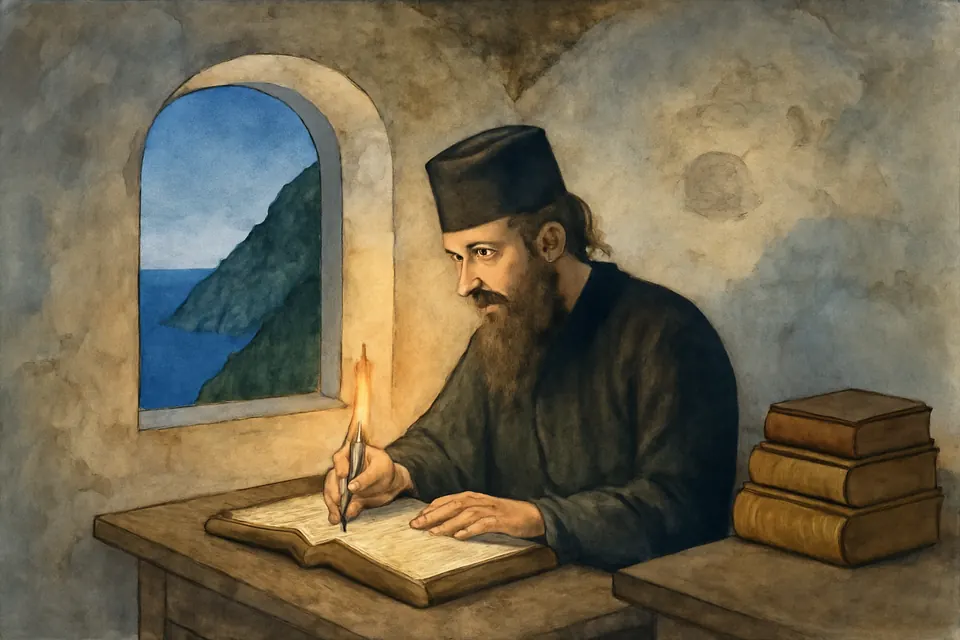 Watercolor-style illustration of an Athonite monk copying a manuscript by lamplight in a stone cell above the sea