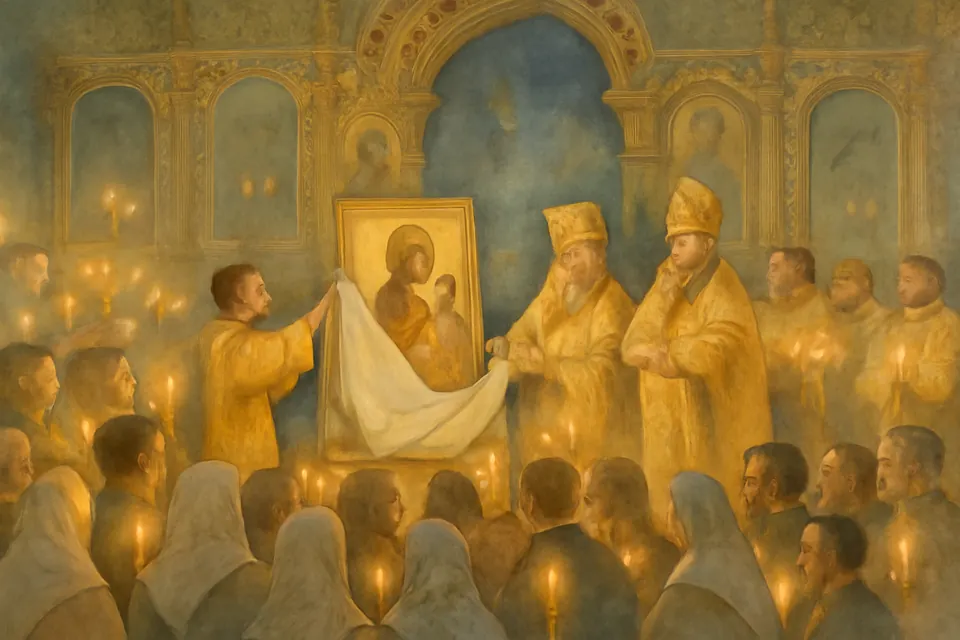 Watercolor-style scene of bishops in gold vestments unveiling a large new icon of a saint before a crowded Orthodox church at evening, with candles and incense