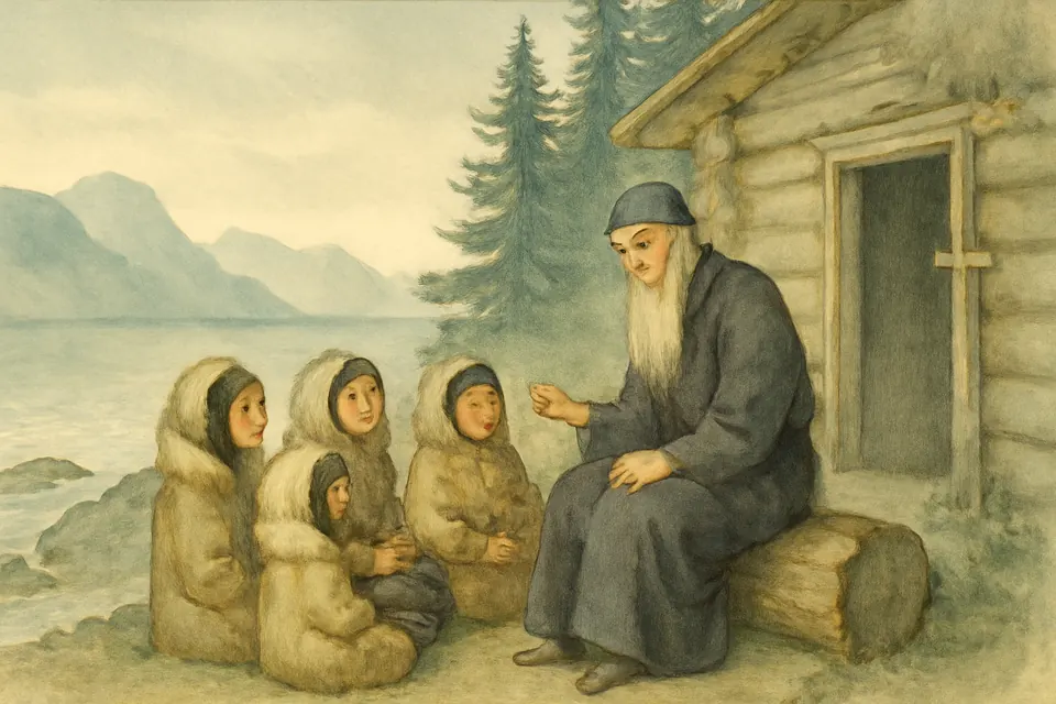 Watercolor-style illustration of St. Herman of Alaska, an elderly monk, teaching native children outside his log cell on Spruce Island