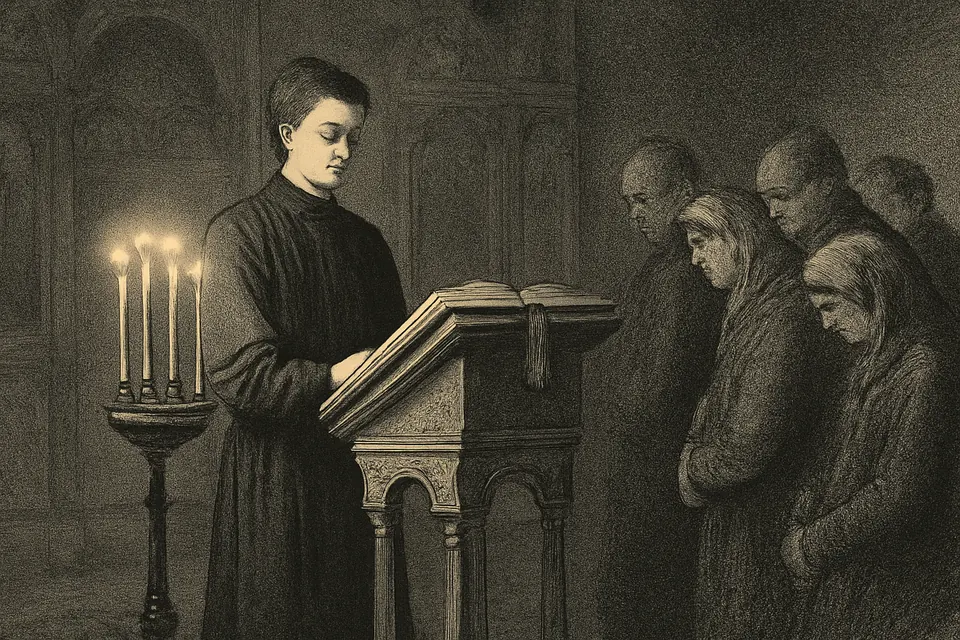 Engraving-style illustration of a reader chanting from a large book at a lectern in a candlelit Orthodox church