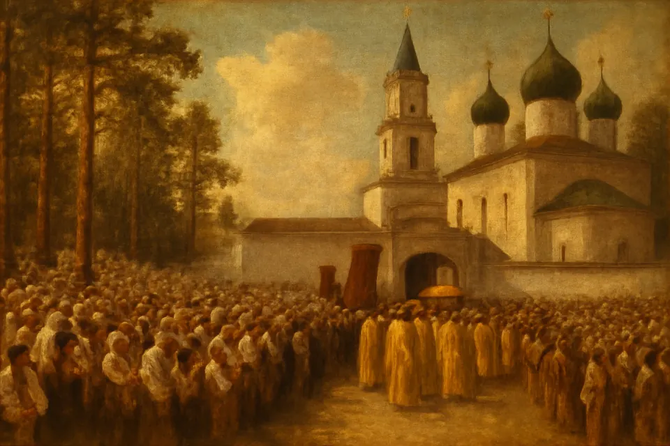 Oil-painting-style illustration of a great crowd of Russian pilgrims following a carried reliquary in procession at the Sarov monastery in 1903