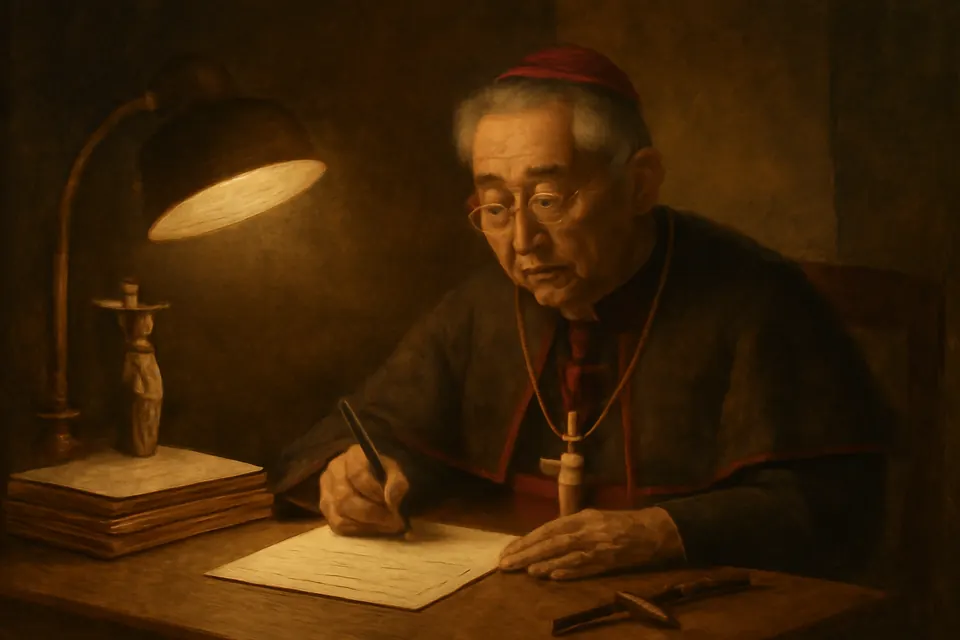 Painting-style illustration of an elderly Japanese bishop at a desk writing a letter by lamplight, a small statue of Mary and a crucifix beside him