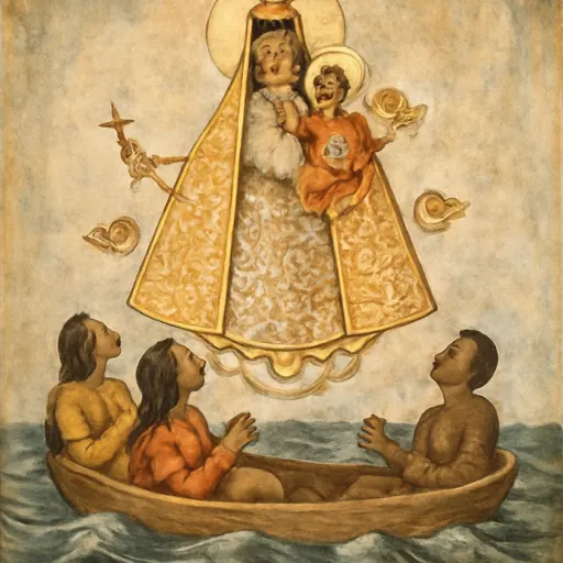 Oil-painting-style image of Our Lady of Charity, a small crowned Virgin in a golden mantle holding the Child Jesus above three men in a rowboat on a stormy sea