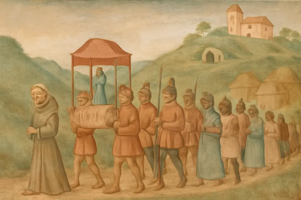 Illustration of a seventeenth-century procession carrying a small statue of the Virgin up a dirt road to a copper-mining village in the Cuban hills
