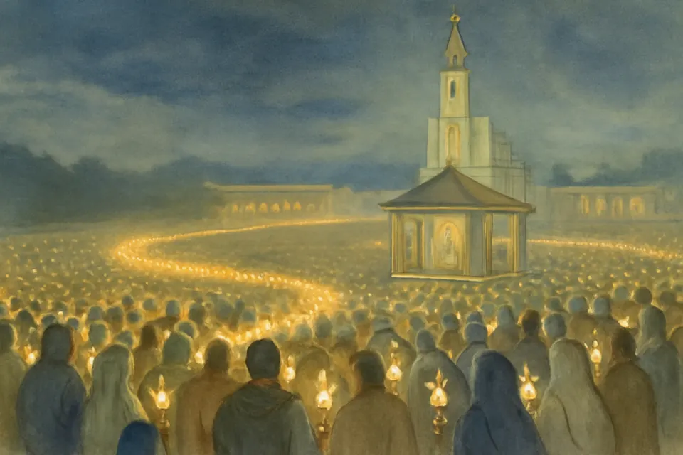 Ilustración en acuarela de una procesión nocturna de peregrinos con velas encendidas en Cova da Iria, en Fátima