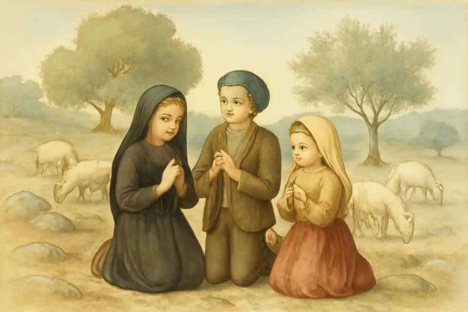 Ilustración en acuarela de los tres pastorcitos de Fátima arrodillados con sus rosarios en un campo pedregoso, entre sus ovejas
