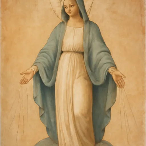 Oil-painting-style image of Our Lady of Grace in a white dress and blue mantle, arms lowered and hands open, with soft rays of light falling from her hands onto a globe