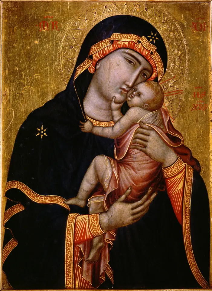 Italo-Byzantine icon of the Virgin in a dark blue mantle with gold trim pressing her cheek against the Christ Child, who wraps an arm around her neck, on a gold ground