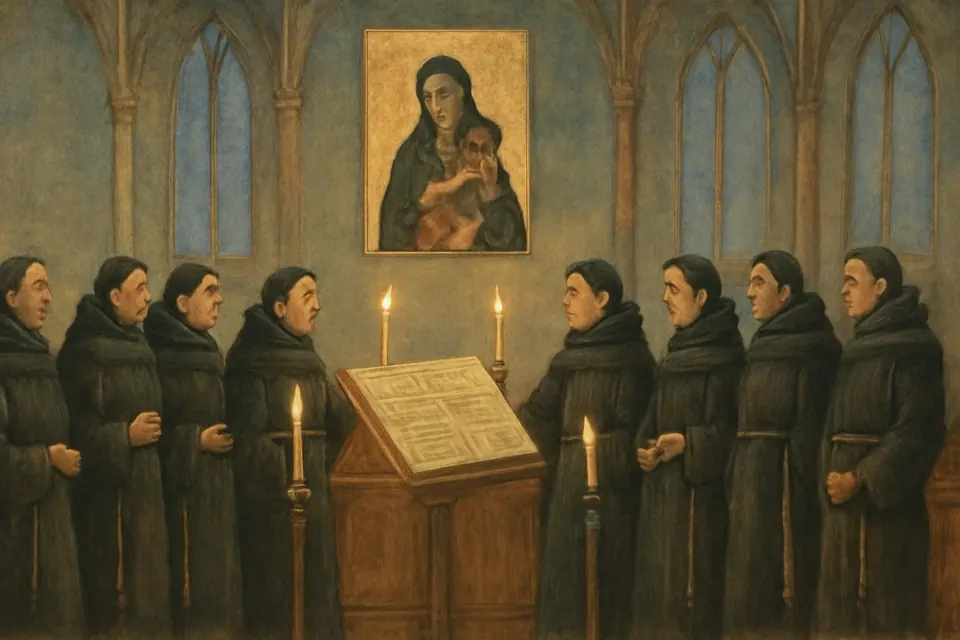 Fresco-style illustration of medieval Augustinian friars in black habits chanting before a painted image of the Virgin and Child in a candlelit choir