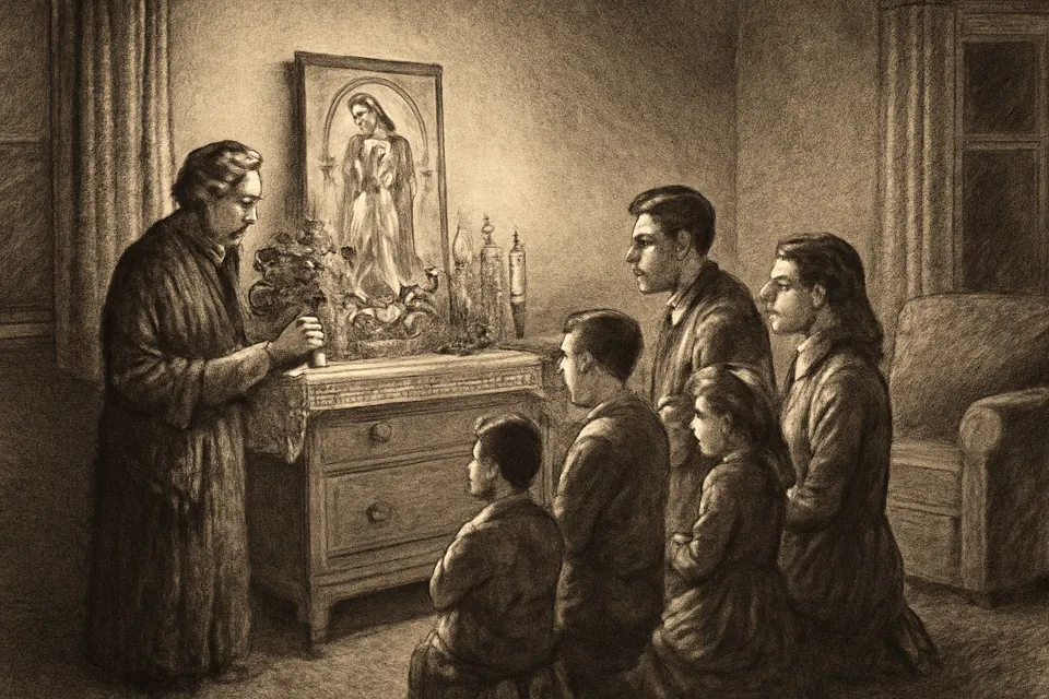 Oil-painting-style illustration of a Mexican-American family praying the novena before an image of Our Lady of Guadalupe on a home altar with red roses and candles