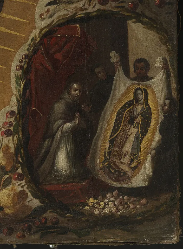 Detail of a painted corner medallion in which Juan Diego opens his white tilma, showing the image of the Virgin of Guadalupe, before the kneeling bishop Zumárraga, with roses spilling to the floor