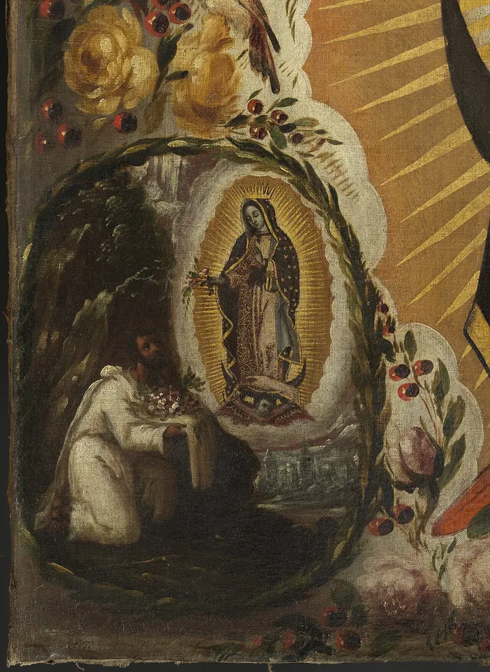 Detail of a painted corner medallion framed by roses in which Juan Diego, in a white cloak, kneels holding flowers in his tilma before the Virgin of Guadalupe on a hill