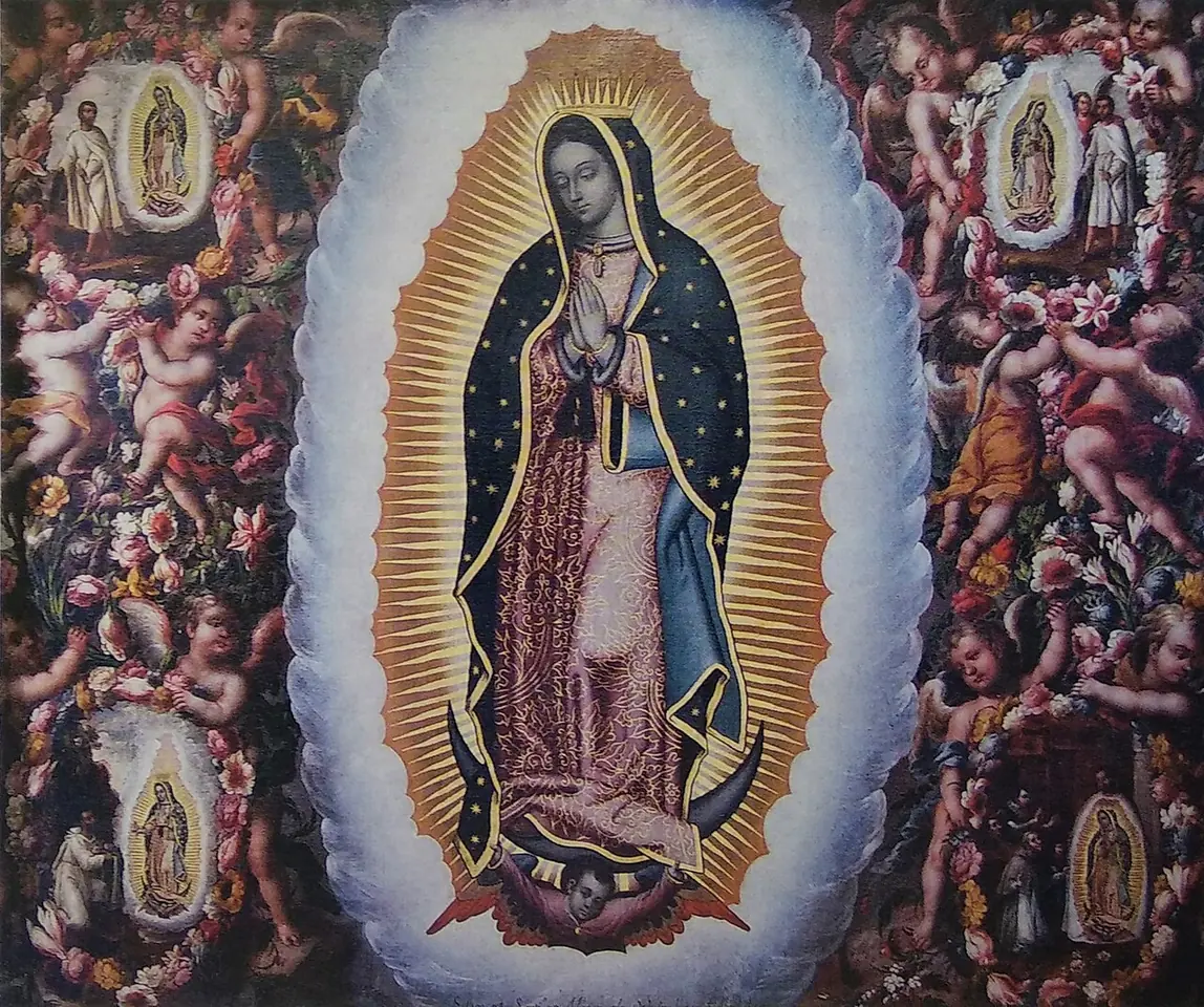 Mexican colonial painting of the Virgin of Guadalupe in a blue starred mantle within golden rays and a white cloud border, framed by roses and cherubs, with four small apparition scenes in the corners
