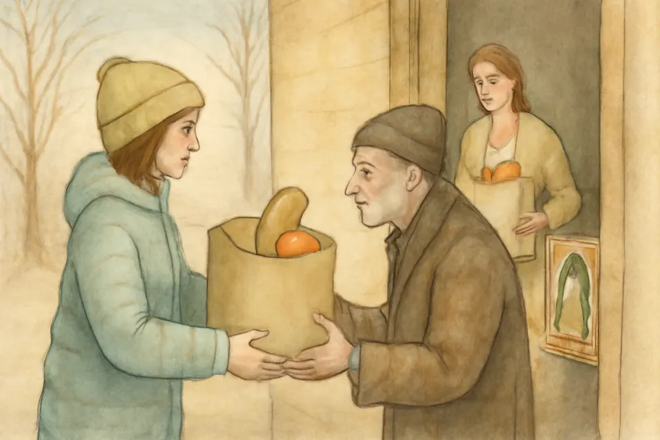 Watercolor illustration of a teenage girl handing a bag of groceries to an older man outside a parish food pantry in December