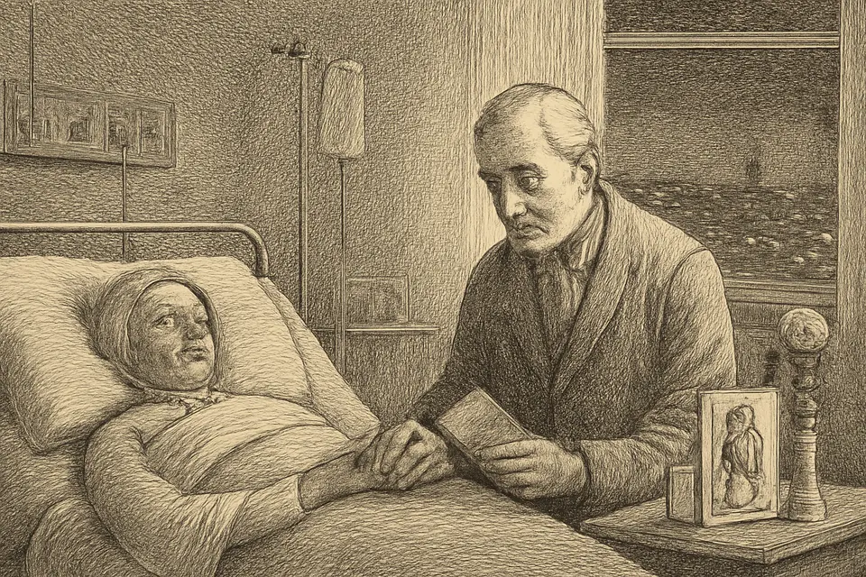 Engraving-style illustration of a man praying the novena by his sleeping wife's hospital bed, with a small image of Our Lady of Guadalupe and a rose on the table