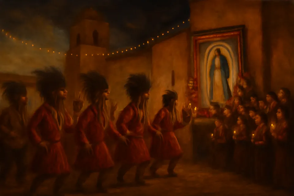 Oil-painting-style scene of matachines dancers in red costumes and feathered headdresses dancing before a parish church on the evening of December 12