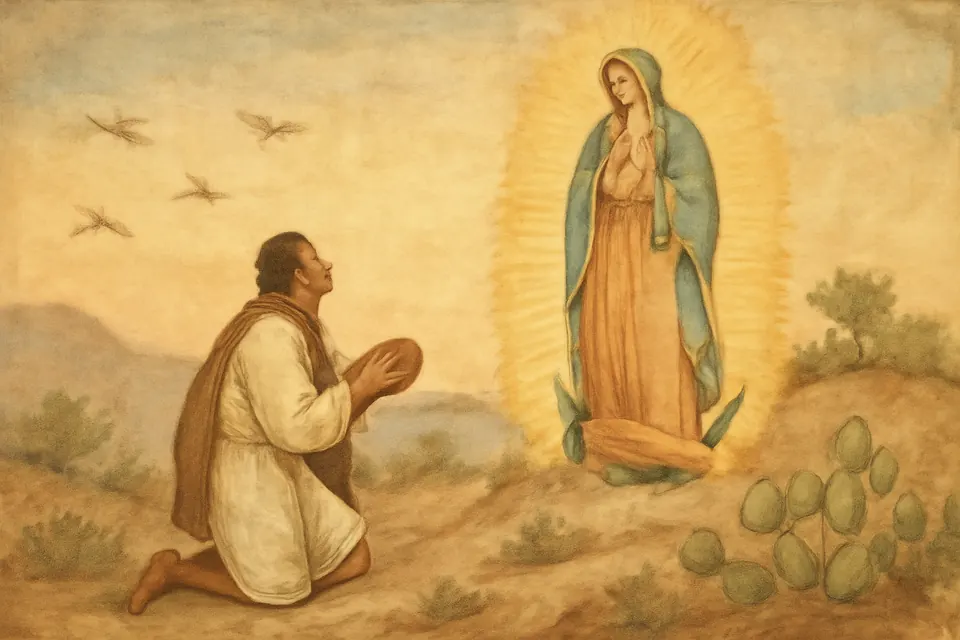 Fresco-style scene of Juan Diego kneeling on the rocky hill of Tepeyac at dawn as the Virgin appears to him in golden light