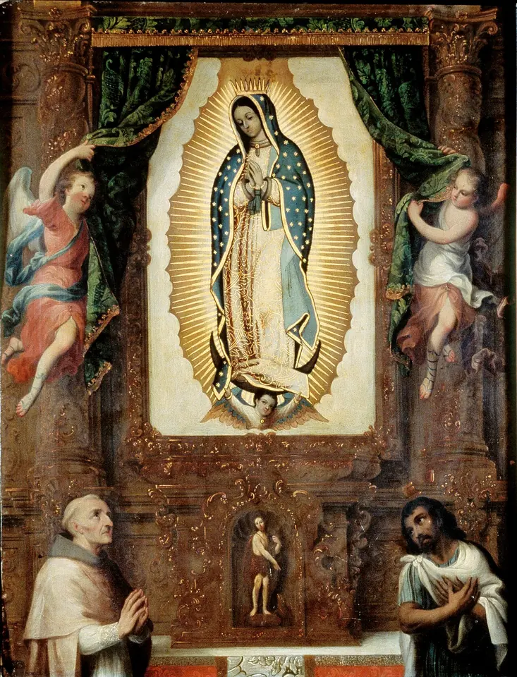 Pintura de Miguel Cabrera de la imagen de Guadalupe sobre un altar, sostenida por ángeles, con el obispo Zumárraga y Juan Diego arrodillados abajo