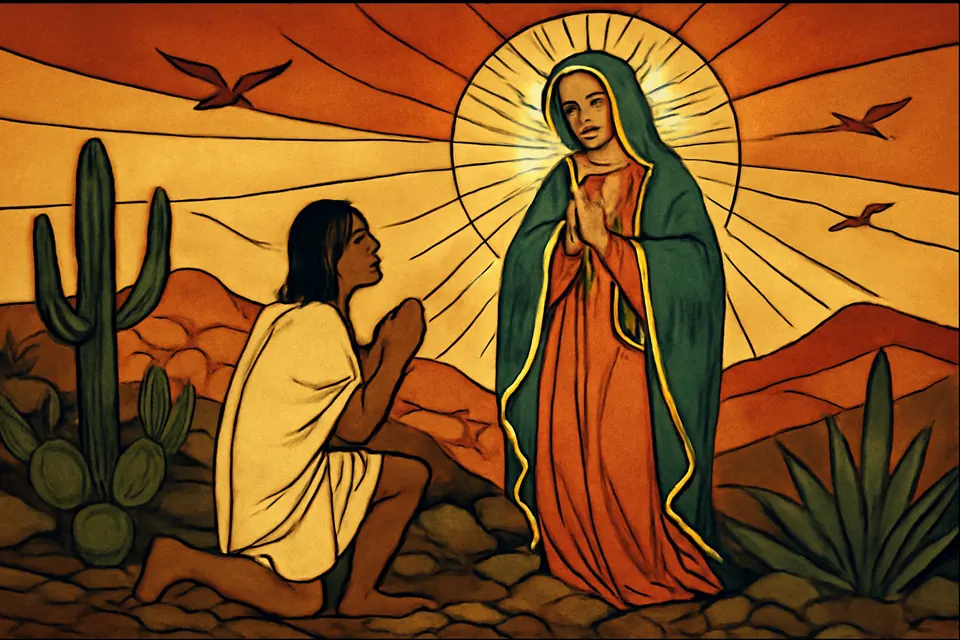 Illustration of St. Juan Diego kneeling on Tepeyac Hill before the radiant Virgin Mary at dawn