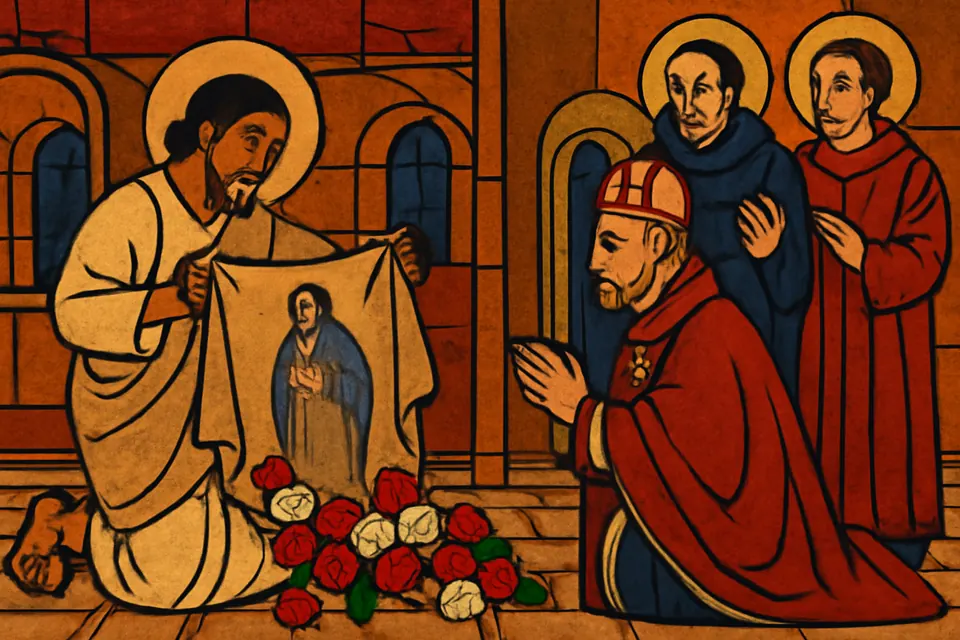 Illustration of Juan Diego opening his tilma before Bishop Zumárraga as roses fall to the floor