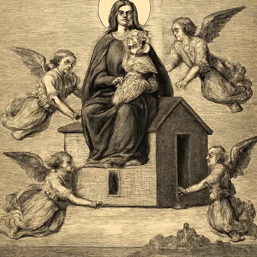 Oil-painting-style image of the Virgin Mary holding the Christ Child, seated on the tiled roof of a small stone house borne on clouds by angels
