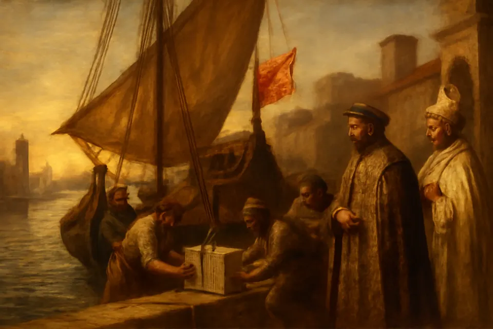 Illustration of sailors loading numbered stone blocks onto a medieval ship at a harbor, under the watch of a nobleman and a bishop