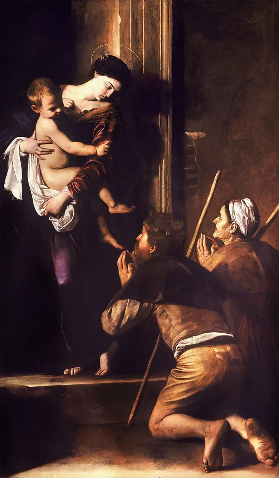 Caravaggio's painting of the Virgin holding the Christ Child in a stone doorway as two poor barefoot pilgrims, an old woman and a man with a staff, kneel before her