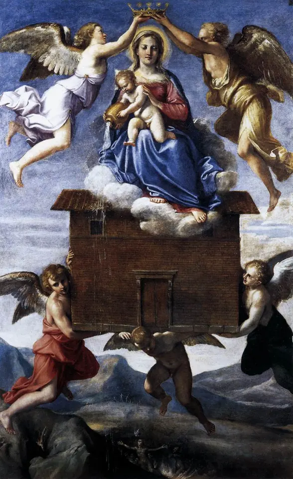 Baroque painting of the Virgin and Child in blue and red, seated on the roof of a small brick house that winged angels carry through the sky while two angels hold a crown above her