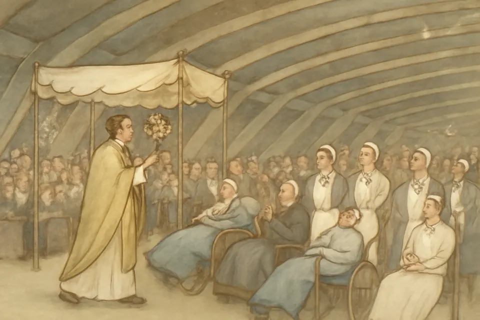Ilustración en estilo acuarela de un sacerdote con capa dorada que bendice con la custodia a los enfermos en sillas de ruedas y camillas, dentro de una enorme iglesia subterránea de hormigón